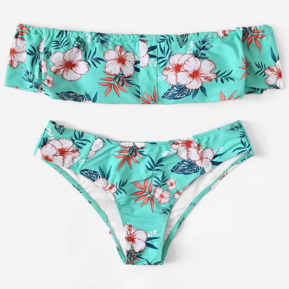 Turquoise & White Floral Off Shoulder Bikini Set